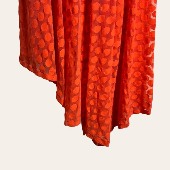 Fuzzi Short-Sleeve Asymmetric-Hem Dotted Orange Midi Dress Size L - Picture 6 of 8